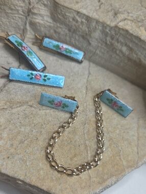 Antique Guilloche Sweater Clips, Hair Pins Floral Hand-Painted Blue Enamel Set